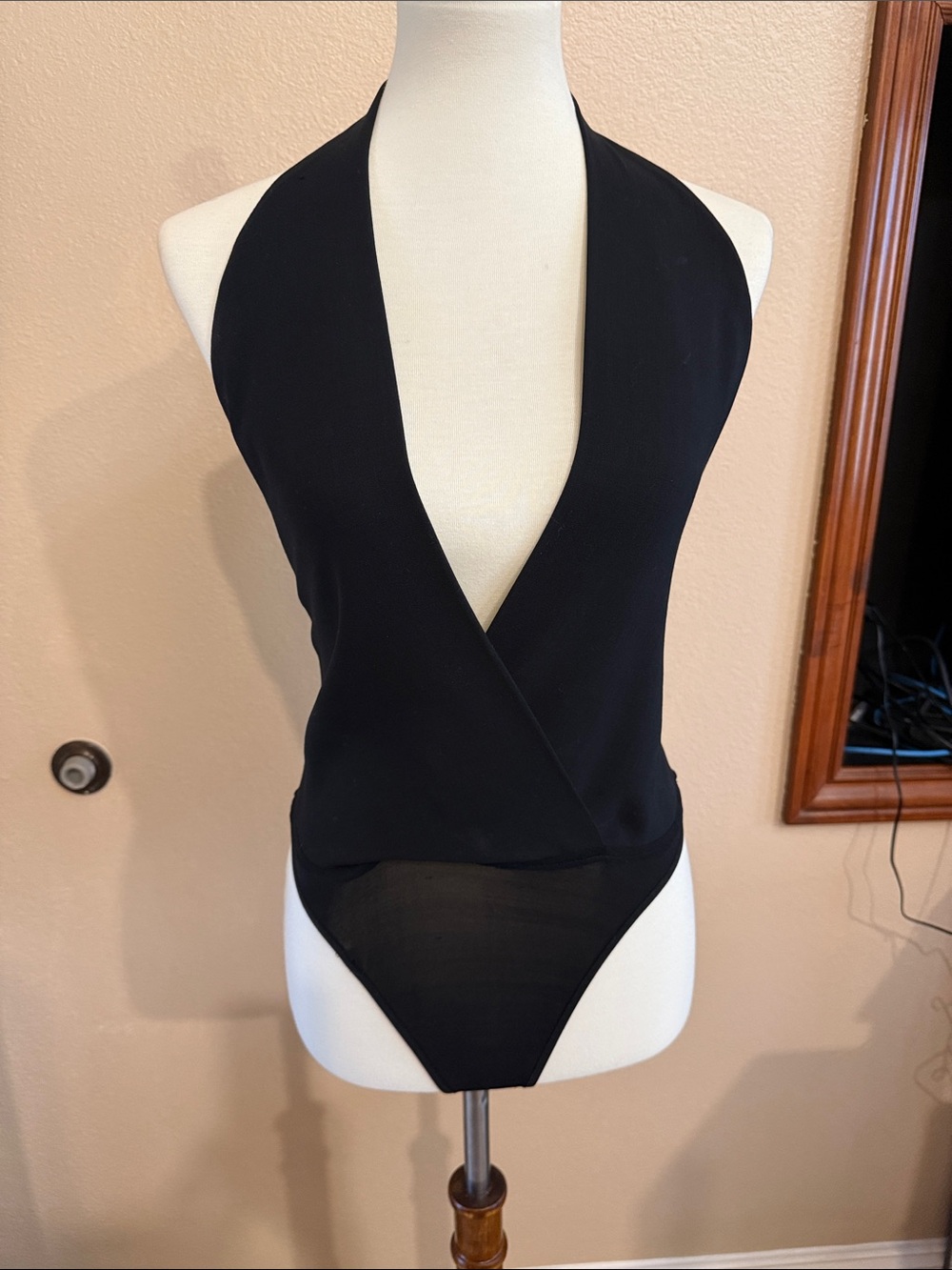Sleek Donna Karan Black Halter Surplice Bodysuit